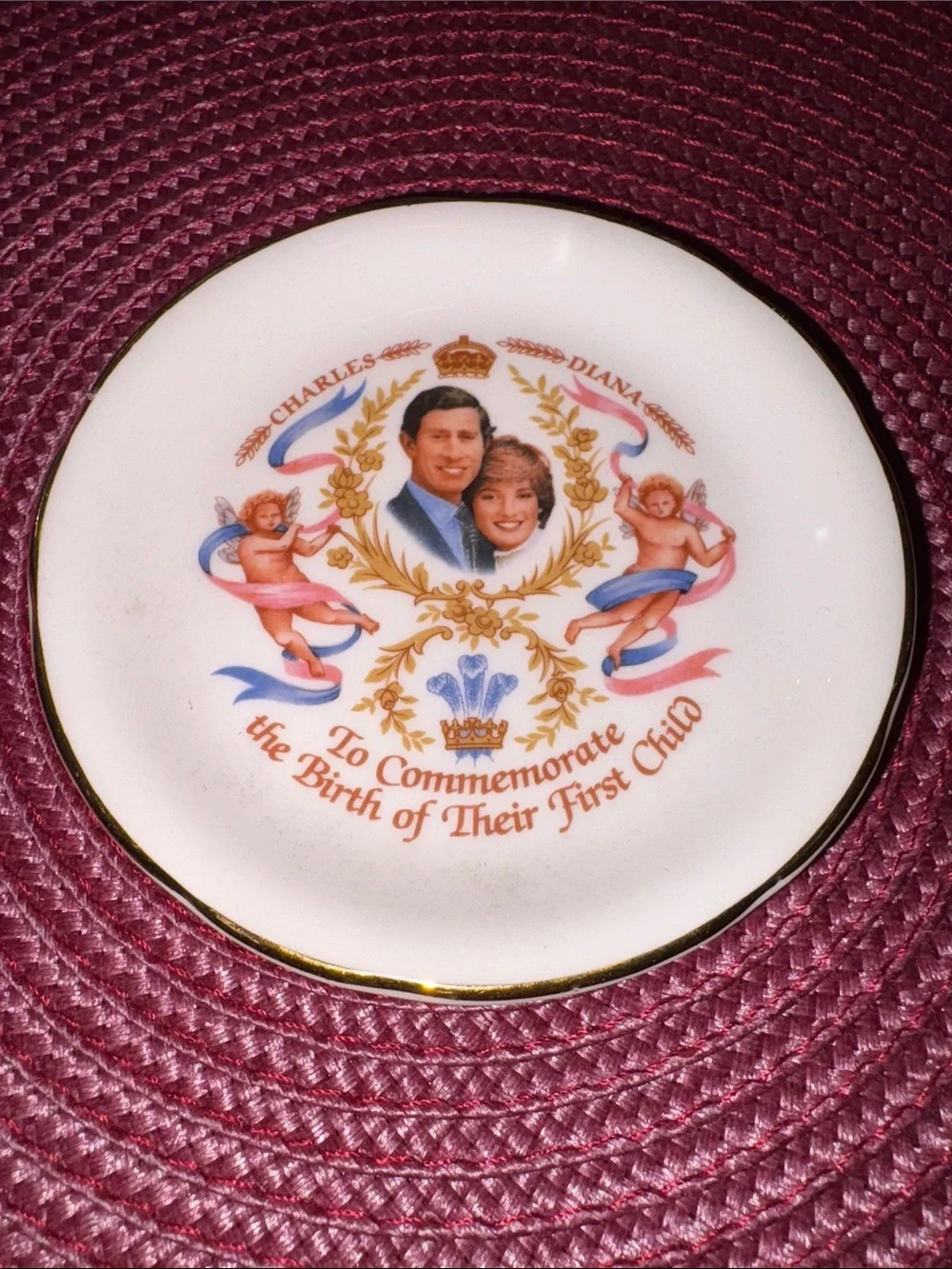 Charles and Diana Commemorate First Child Plate in White and Gold Trim 4 1/4”